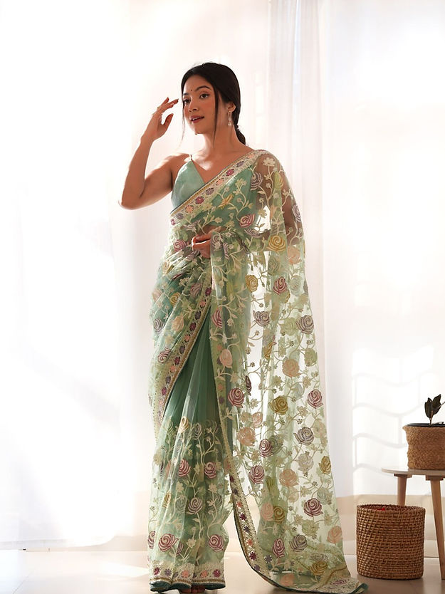 Designer Ethnic Net Fancy Women Printed Saree with Contrast Border