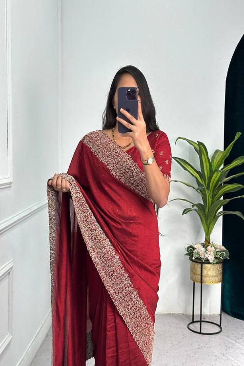 Designer Red Colored Linen Cotton Silk Fabric Saree For Woven