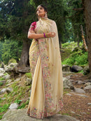 Designer Ethnic Satin Silk Fancy cream yellow Saree for woven