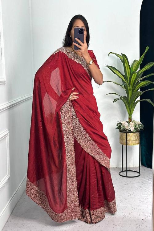 Designer Red Colored Linen Cotton Silk Fabric Saree For Woven