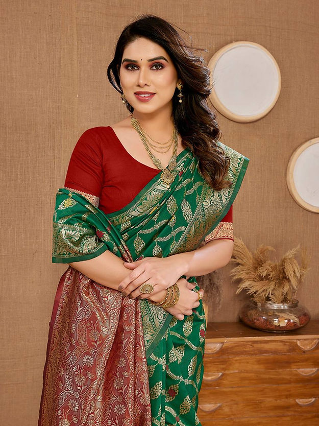 Charming Banarasi Pure Soft Silk cotton Green Color Saree