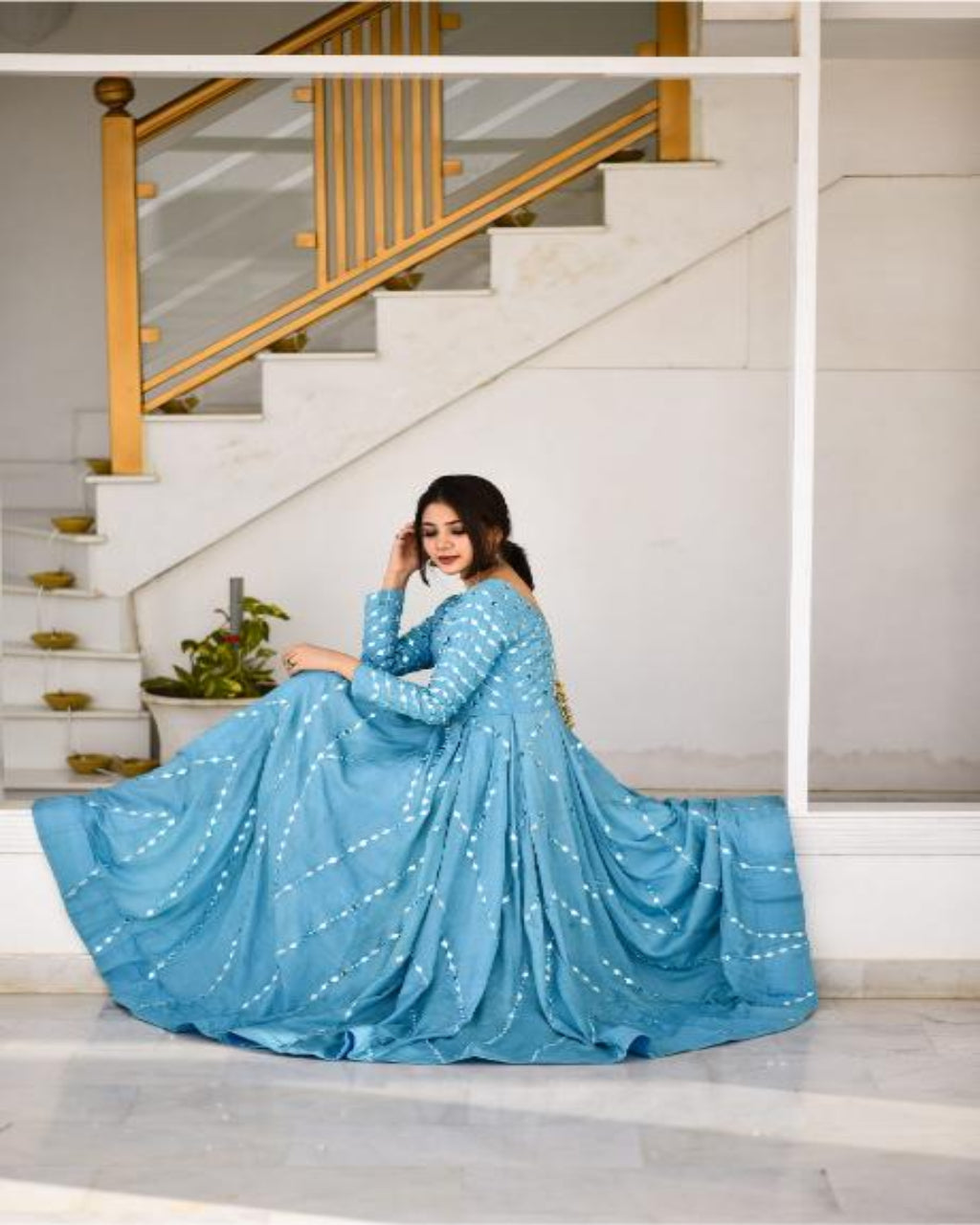 sky blue color Designer Mirror Firozi Gown For Women