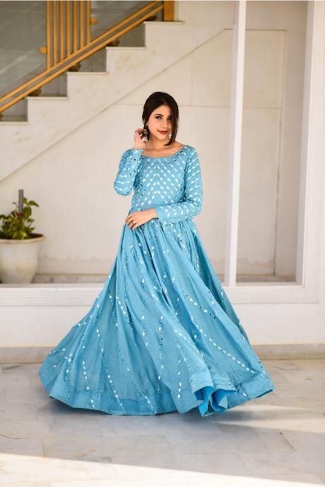 sky blue color Designer Mirror Firozi Gown For Women