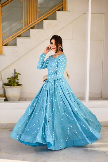 sky blue color Designer Mirror Firozi Gown For Women