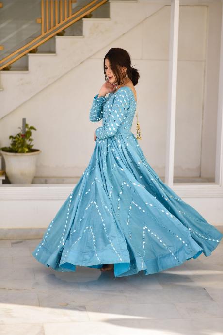 sky blue color Designer Mirror Firozi Gown For Women