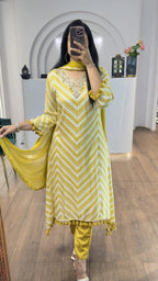 Yellow Zig Zag Printed Handwork HighLow Kurti