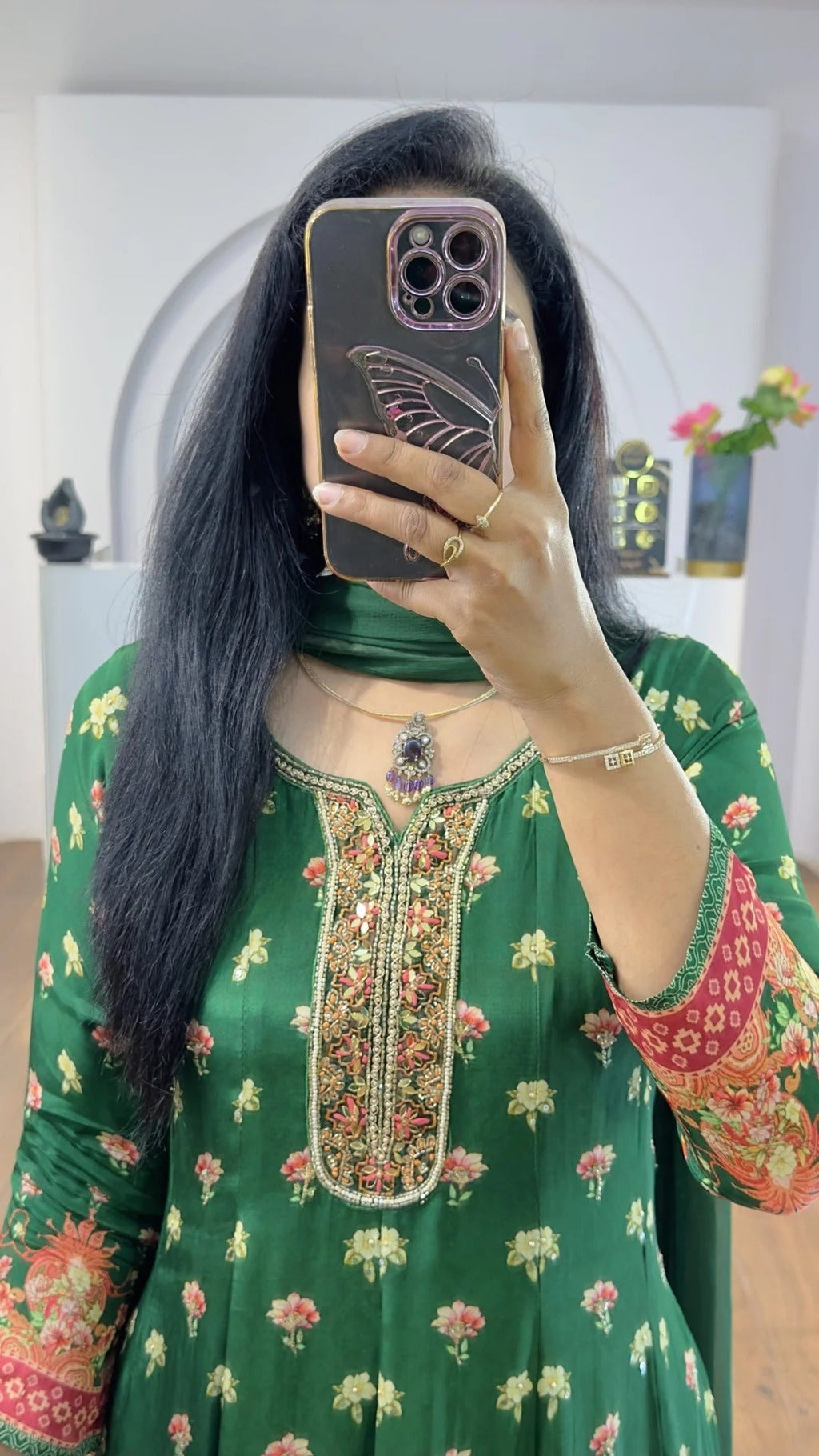 Green Floral Handworked Anarkali With Straight Pants