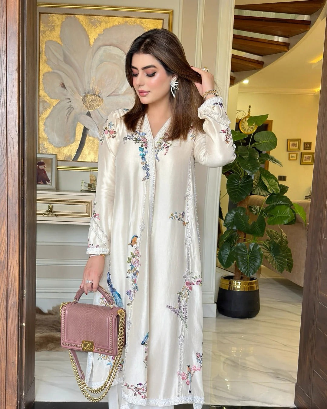 Soft White Chogha With Beautifully Colored Finely Hand-Embroidered