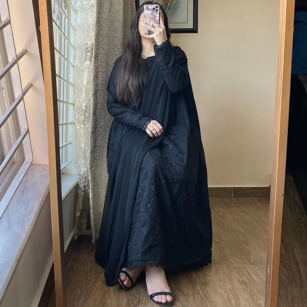 Black Self Embroidered