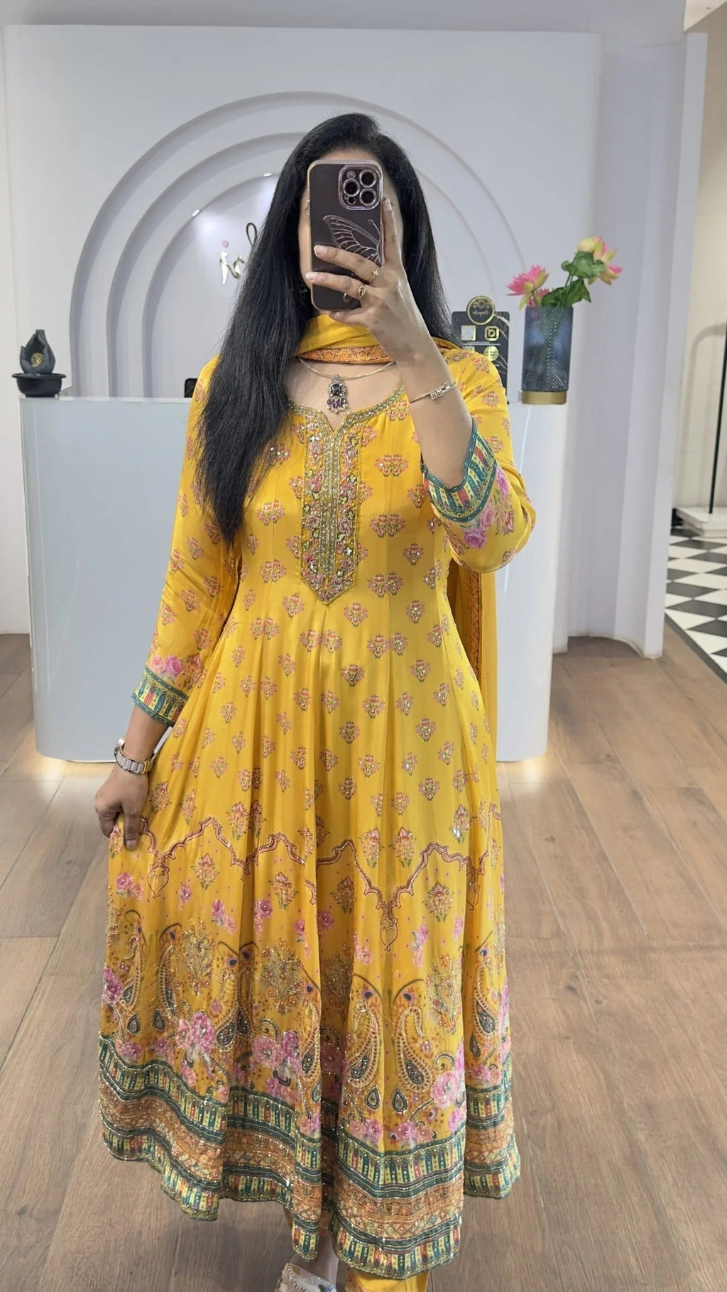 Yellow Floral Handworked Anarkali With Straight Pants