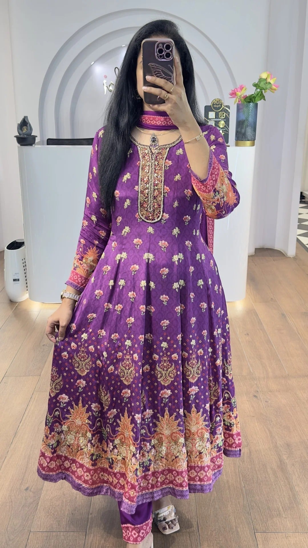 Purple Floral Handworked Anarkali With Straight Pants