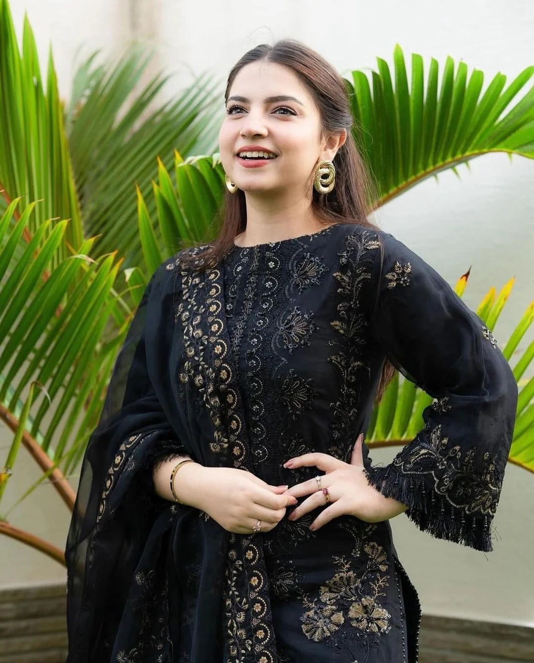 Black Three Piece Stitched Lawn Chikankari Suit