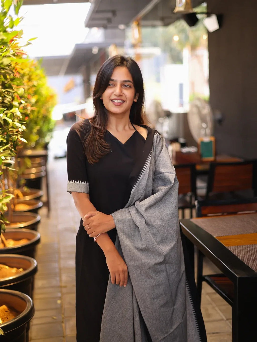 Black with White & Grey Cotton Kadhambari Set