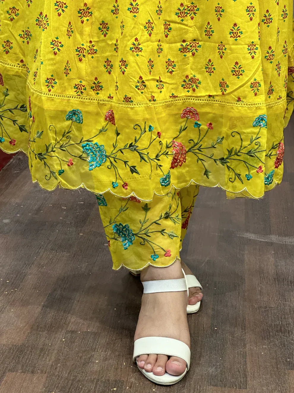 Yellow Printed Pure Cotton Embroided Anarkali Suit