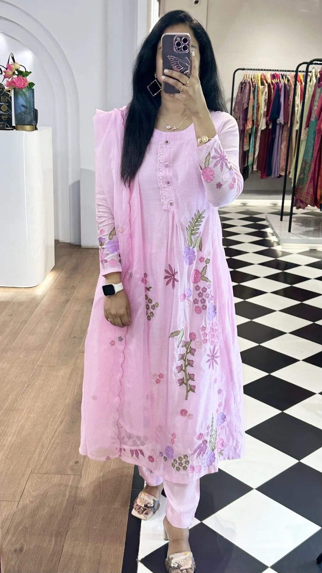 Baby Pink Mul Chanderi Embroidered Suit Set