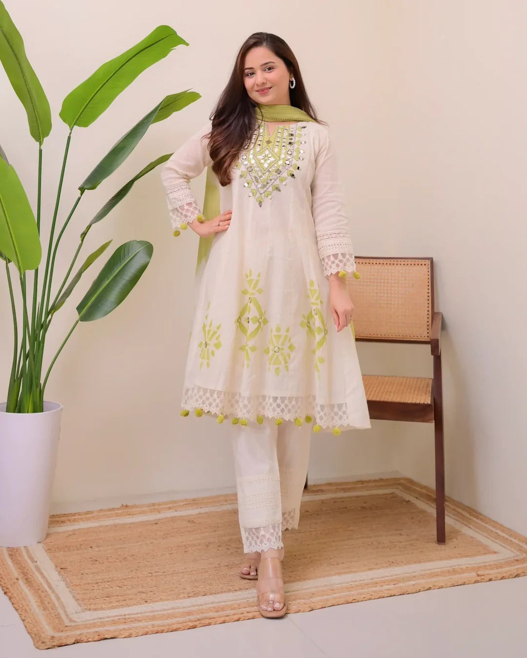 Lime Glow Aline Handwork Pakistani Suit
