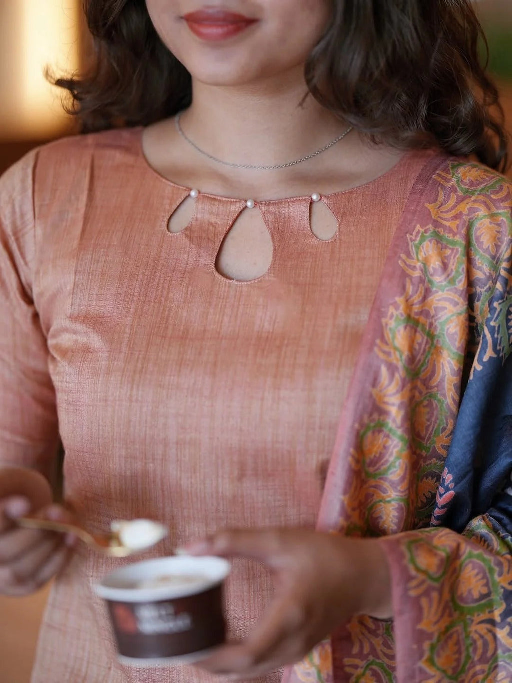 Silk Kurti With Pearl Detailed Neckline Suit Set