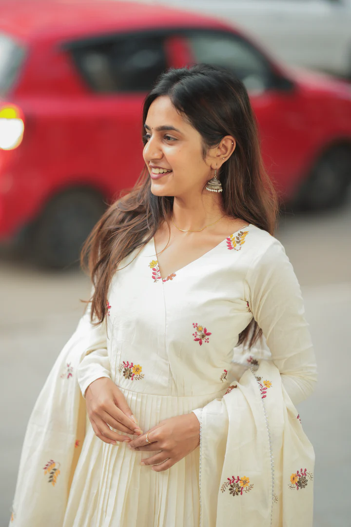 Mahiya Off White Mul Cotton Anarkali With Dupatta & Pant