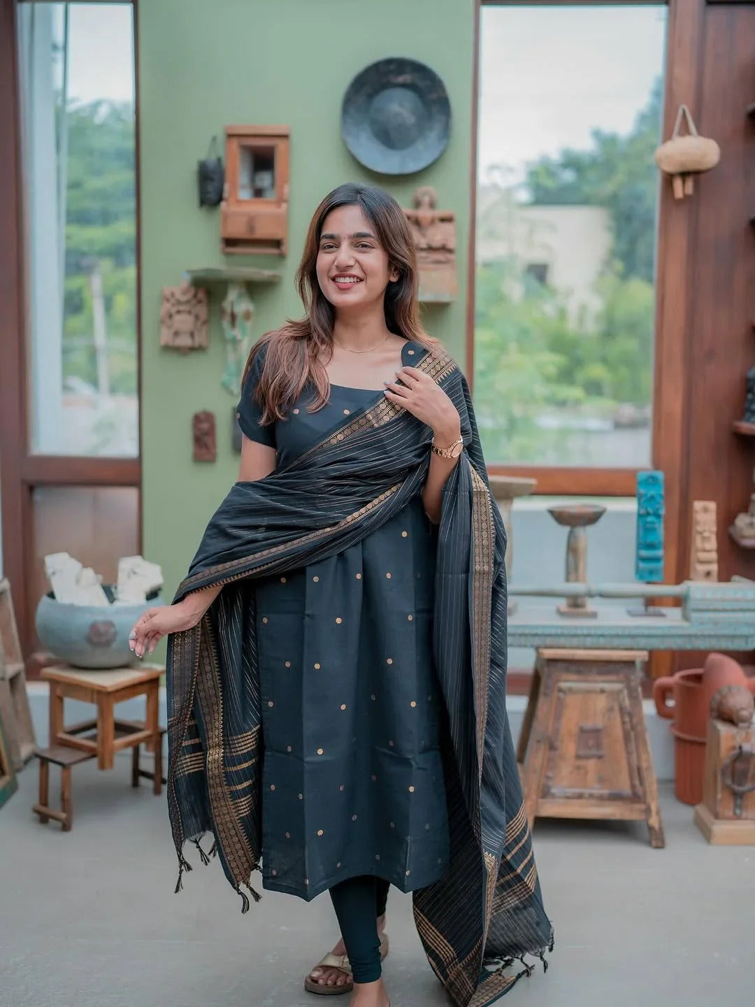 BLACK PURE COTTON KURTI WITH DUPATTA