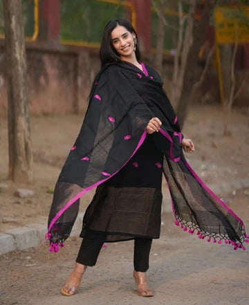 Black Linen Full Kurta Set
