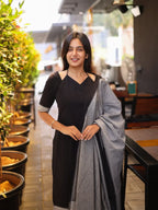 Black with White & Grey Cotton Kadhambari Set