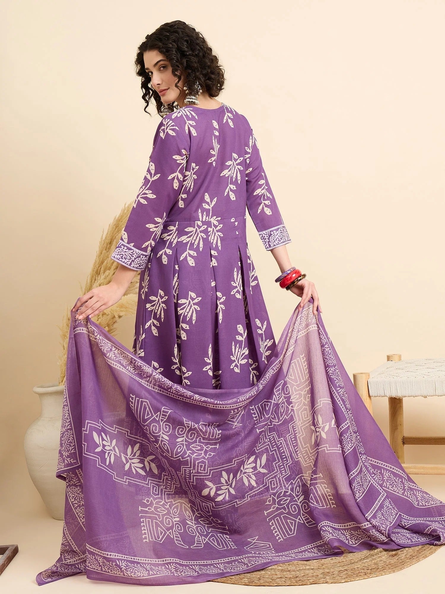 Women‚¬„¢s Viscose Purple Anarkali Kurta and Pant Set with Dupatta