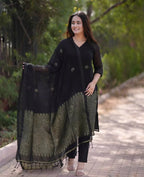 Black Linen Jamdani Banasri Kurta Set