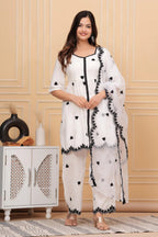White Embroidered Cotton Suit Set with Embroidered Organza Dupatta