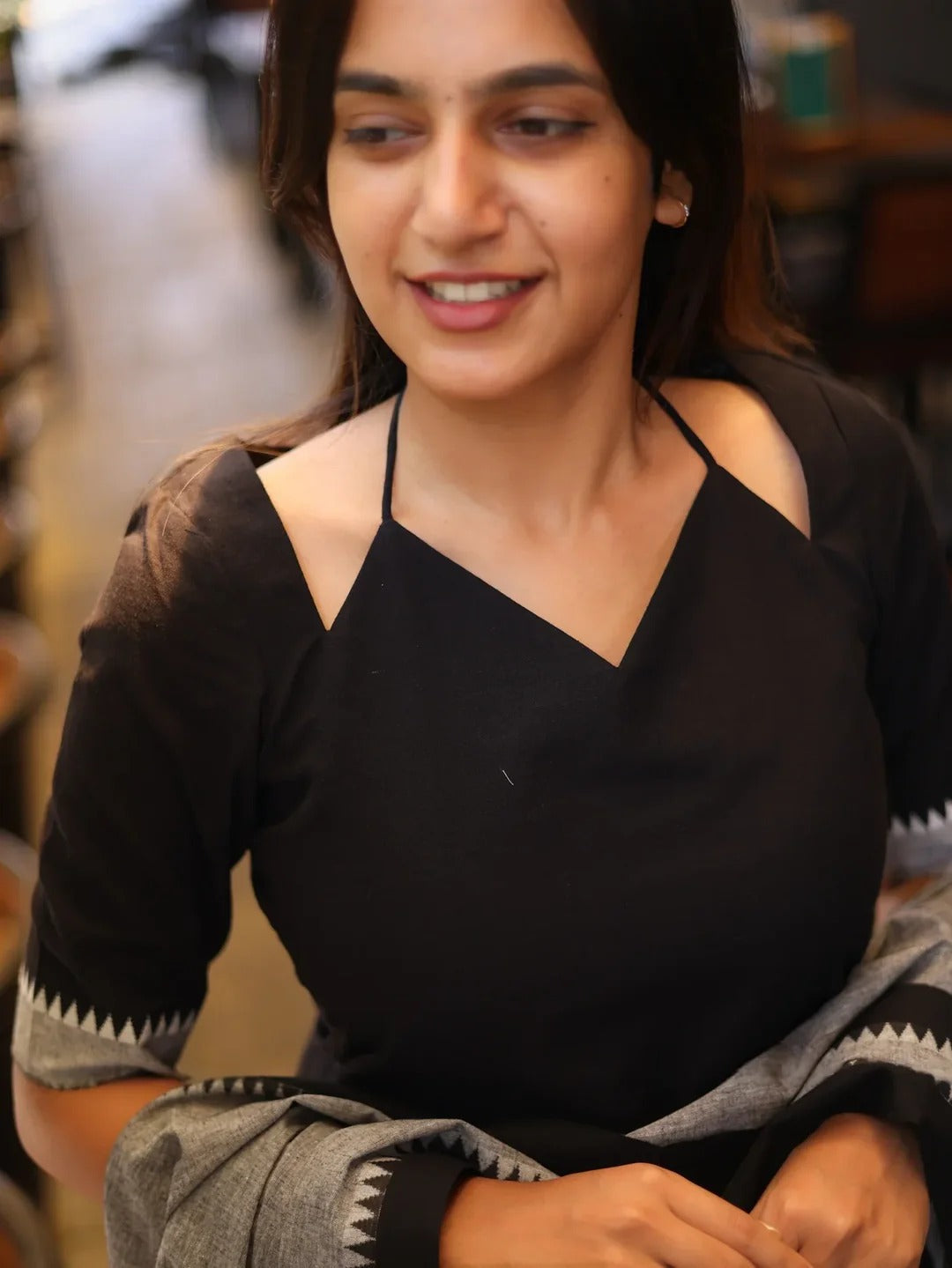 Black with White & Grey Cotton Kadhambari Set