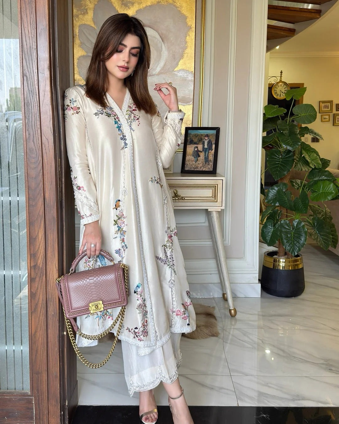 Soft White Chogha With Beautifully Colored Finely Hand-Embroidered