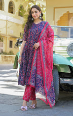 Women‚¬„¢s Viscose Navy Blue Anarkali Kurta and Pant Set with Dupatta