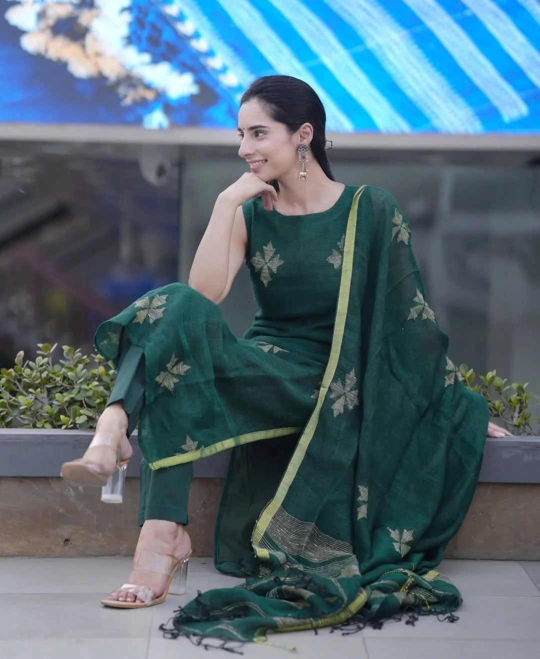 Green Linen Full Kurta Set