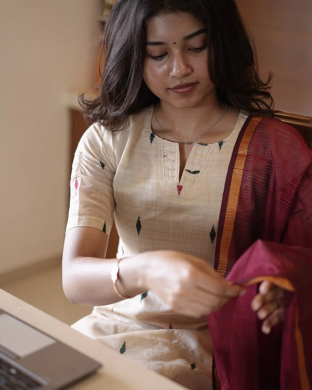 Tussar Silk Kurti With Double Colour Diamond Butta With Dupatta