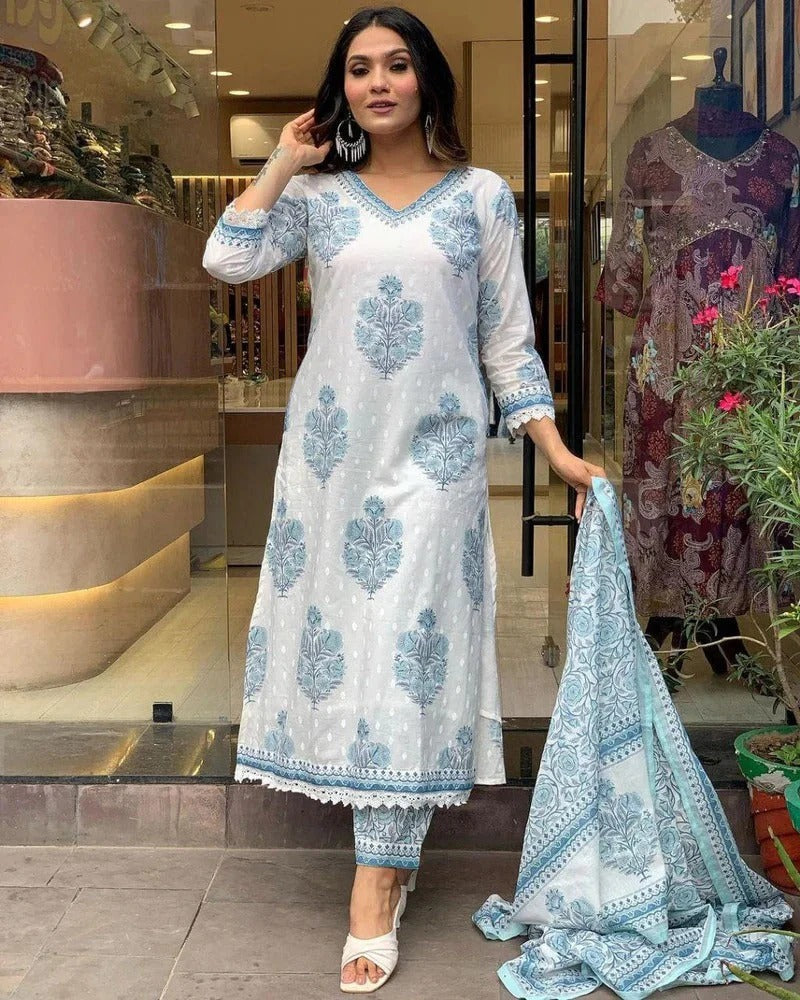 Icy Blue Bloom Viscose Rayon Suit Set
