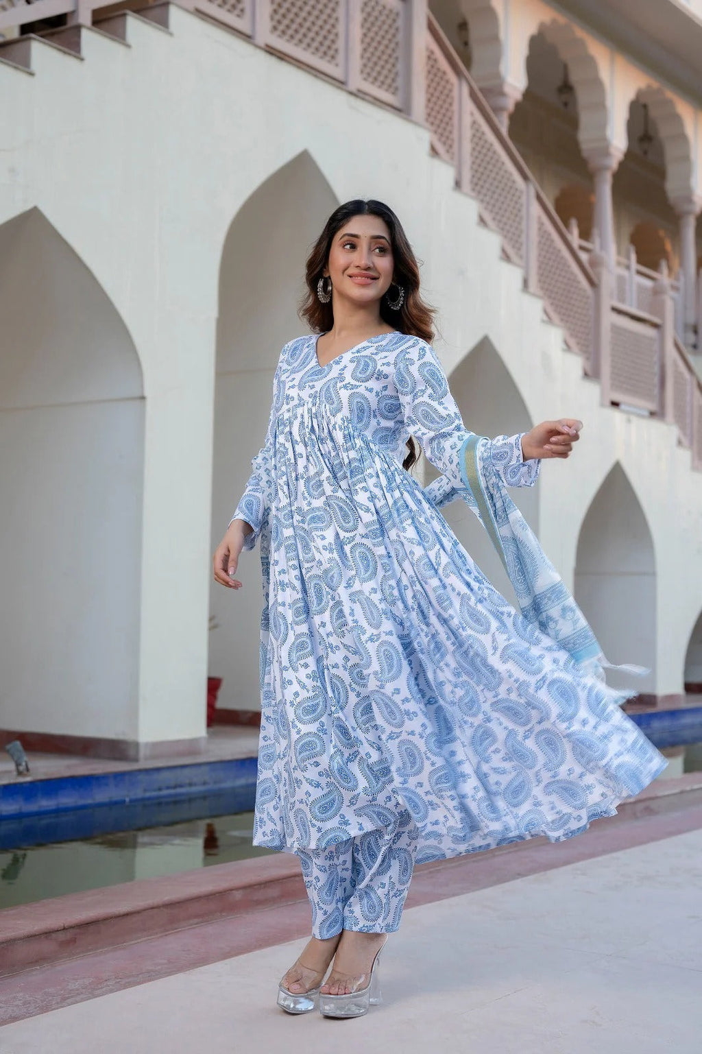 White &amp; Blue Delight Pure Viscose Suit