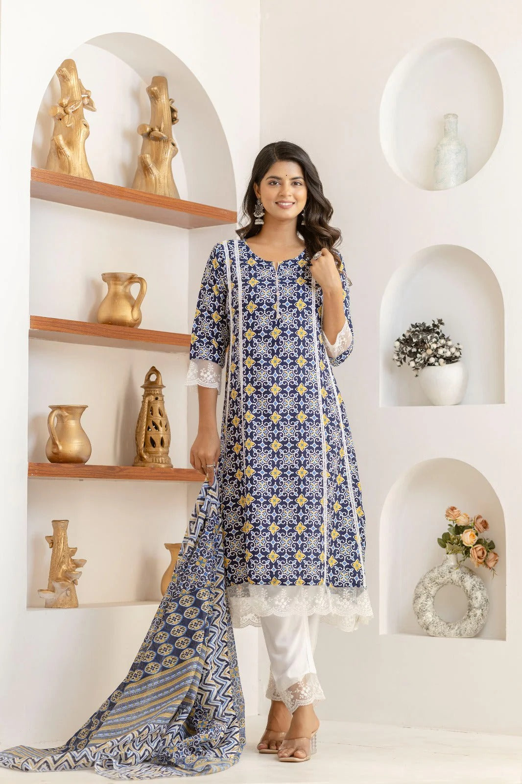Indigo Mosaic Viscose Rayon Suit Set