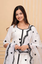 White Embroidered Cotton Suit Set with Embroidered Organza Dupatta