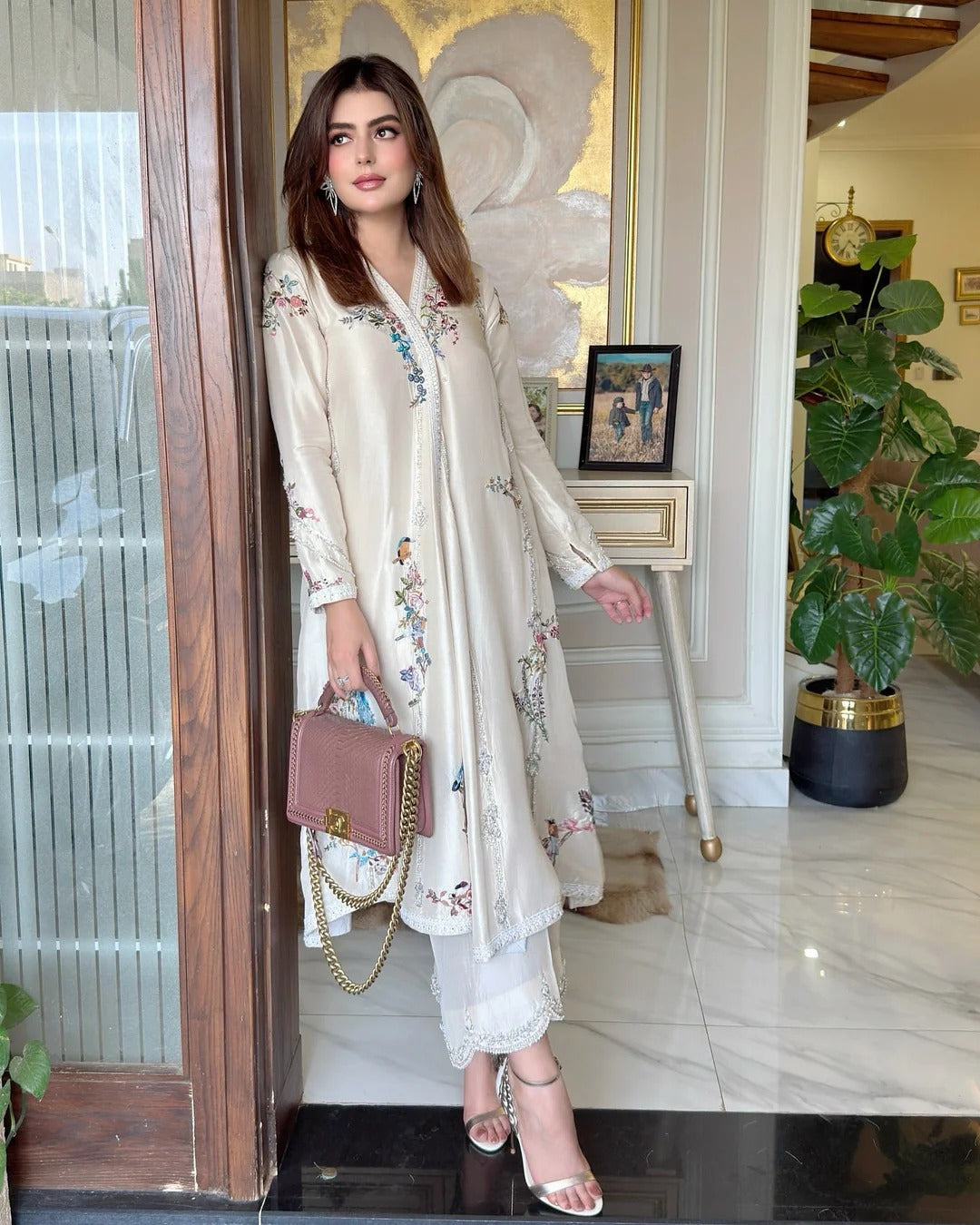 Soft White Chogha With Beautifully Colored Finely Hand-Embroidered