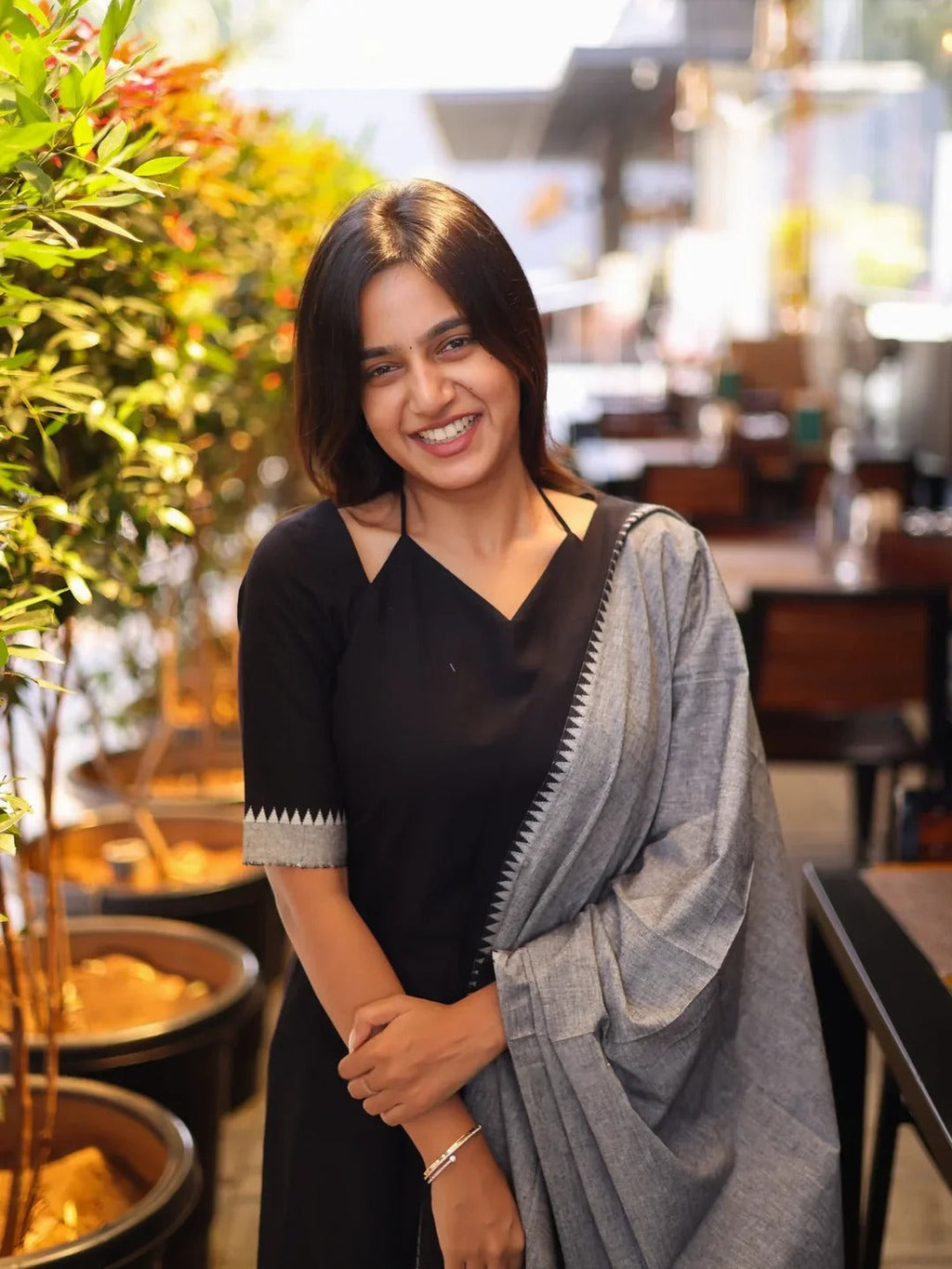 Black with White & Grey Cotton Kadhambari Set