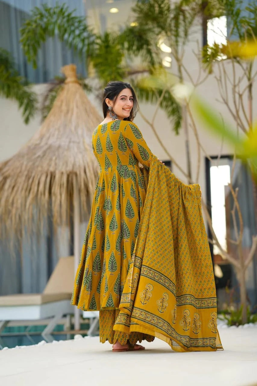 Golden Bloom Anarkali Cotton Set