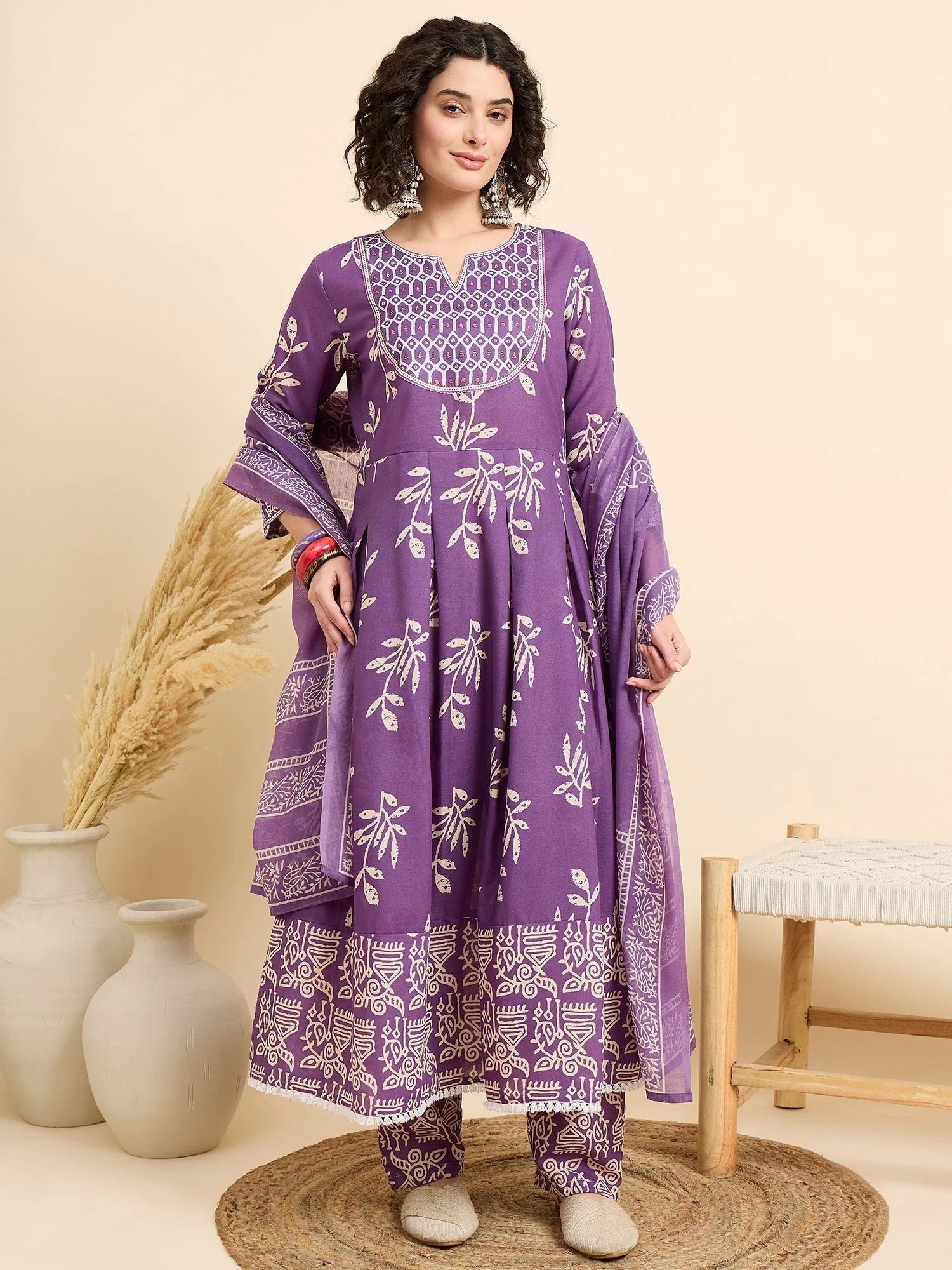 Women‚¬„¢s Viscose Purple Anarkali Kurta and Pant Set with Dupatta