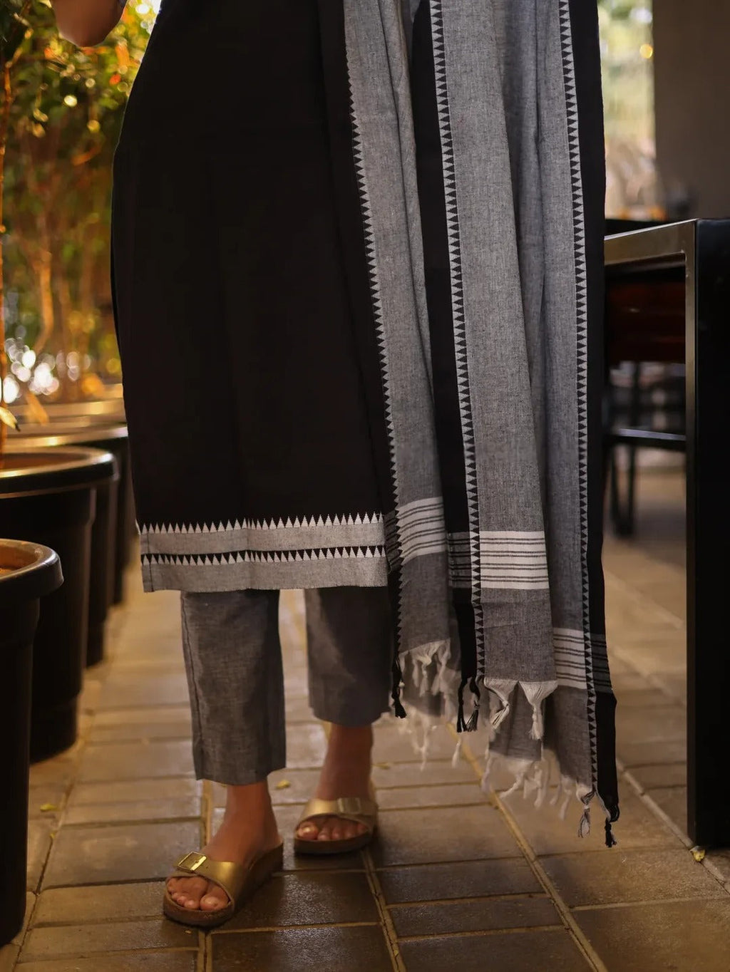 Black with White & Grey Cotton Kadhambari Set