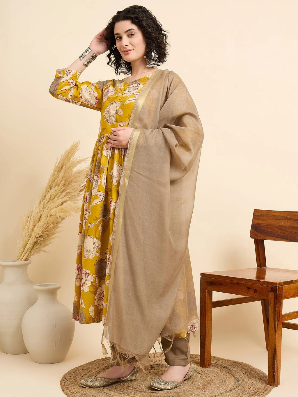 Women‚¬„¢s Viscose Yellow Anarkali Kurta and Pant Set with Dupatta