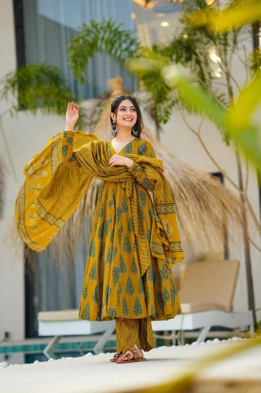 Golden Bloom Anarkali Cotton Set