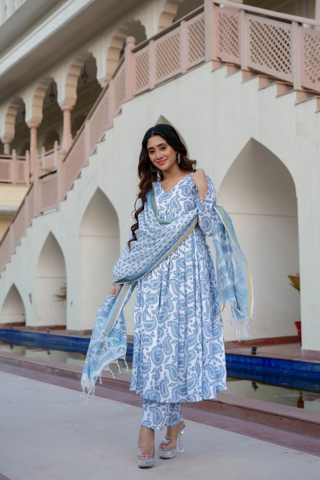 White &amp; Blue Delight Pure Viscose Suit