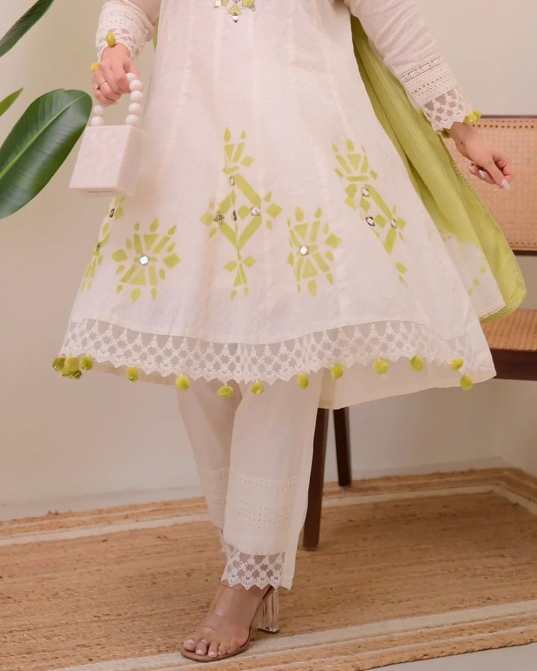 Lime Glow Aline Handwork Pakistani Suit