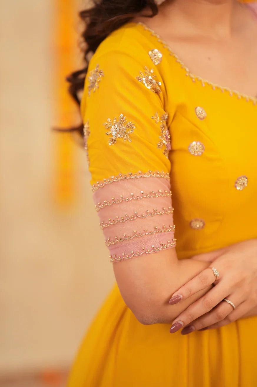 Yellow and baby pink designer hand-worked Anarkali with dupatta