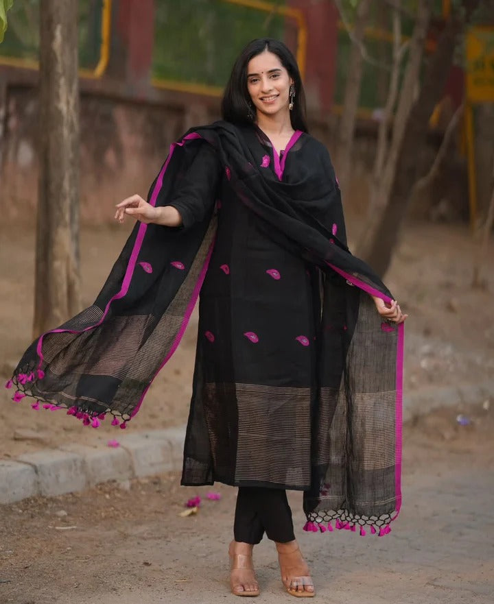 Black Linen Full Kurta Set