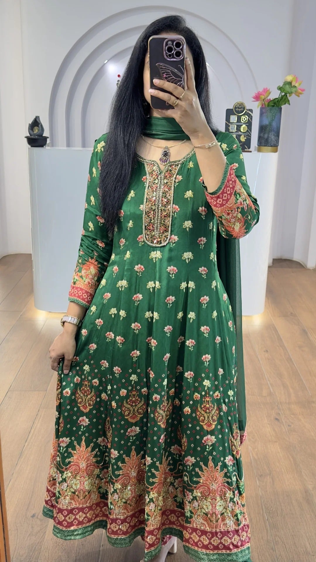 Green Floral Handworked Anarkali With Straight Pants