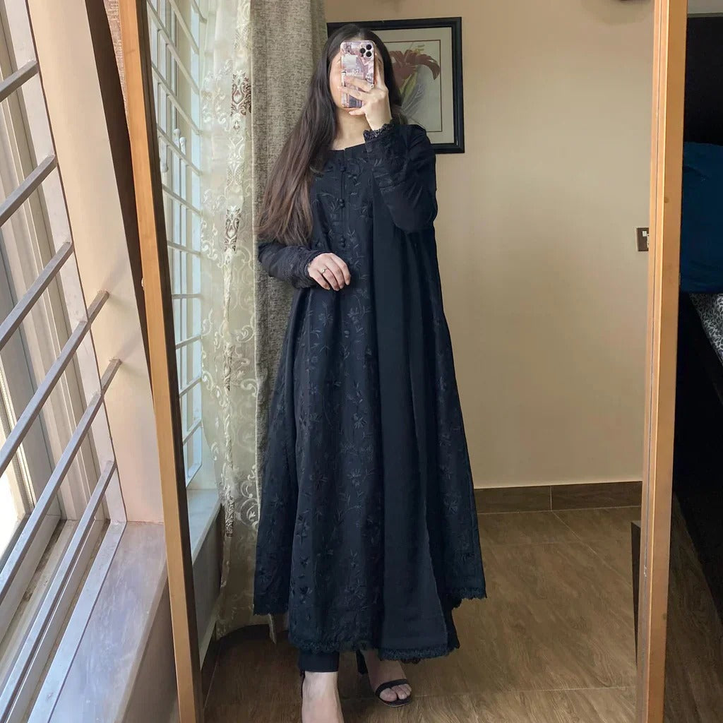 Black Self Embroidered